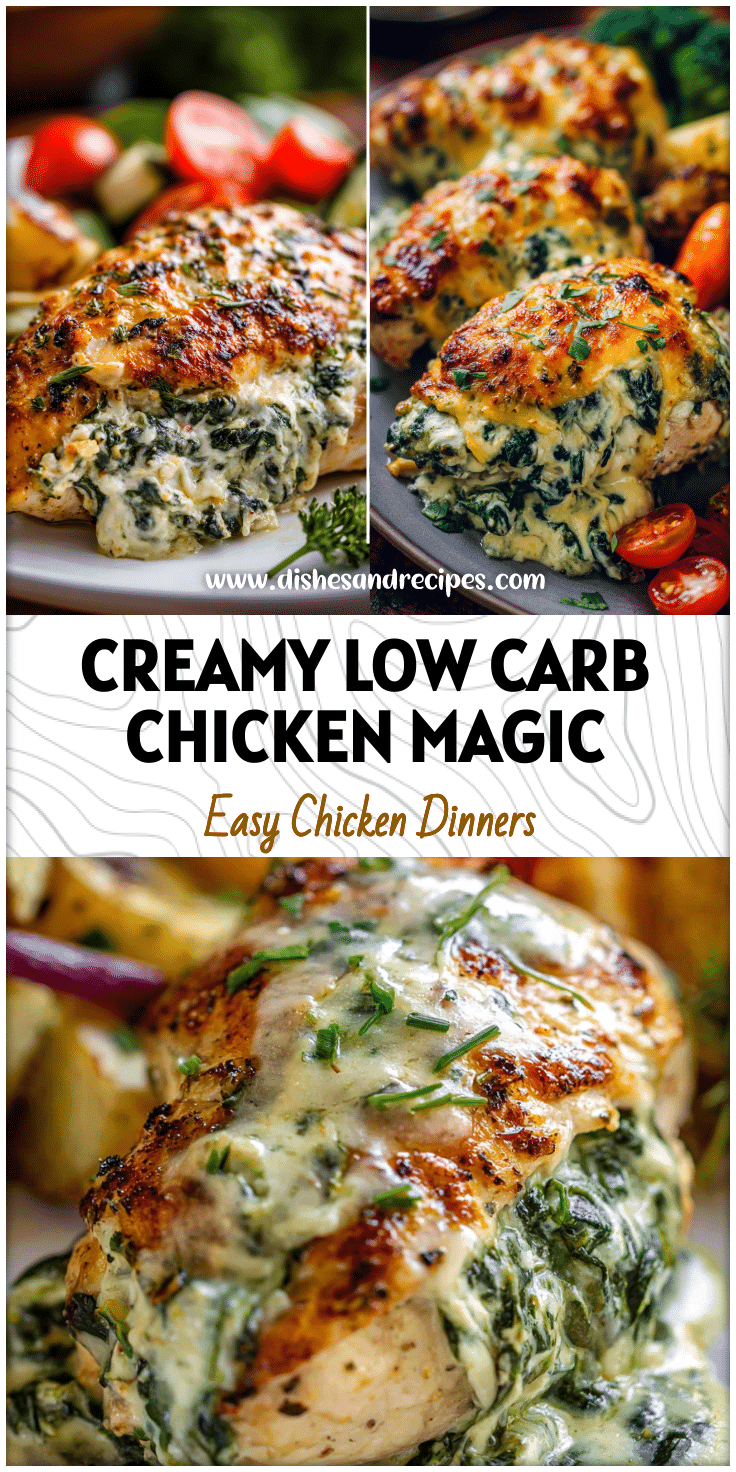 Golden Oven Baked Spinach Artichoke Stuffed Chicken served with fresh vegetables for a healthy low carb dinner.